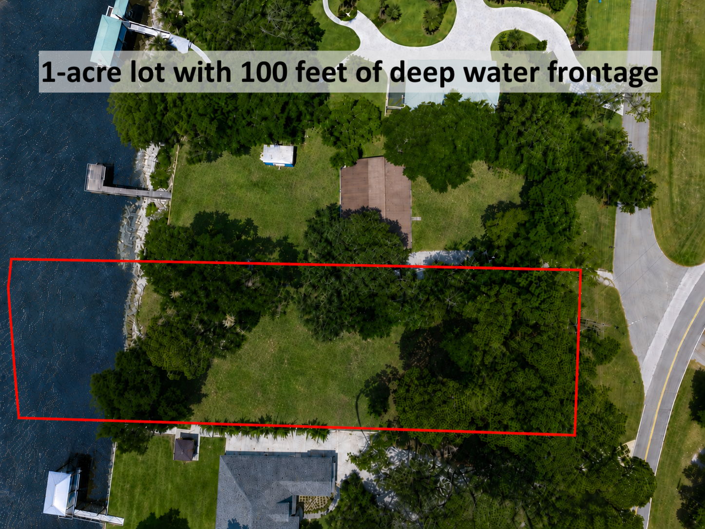 One acre with 100 feet of true deep-water frontage creates a rare canvas for a custom waterfront home.