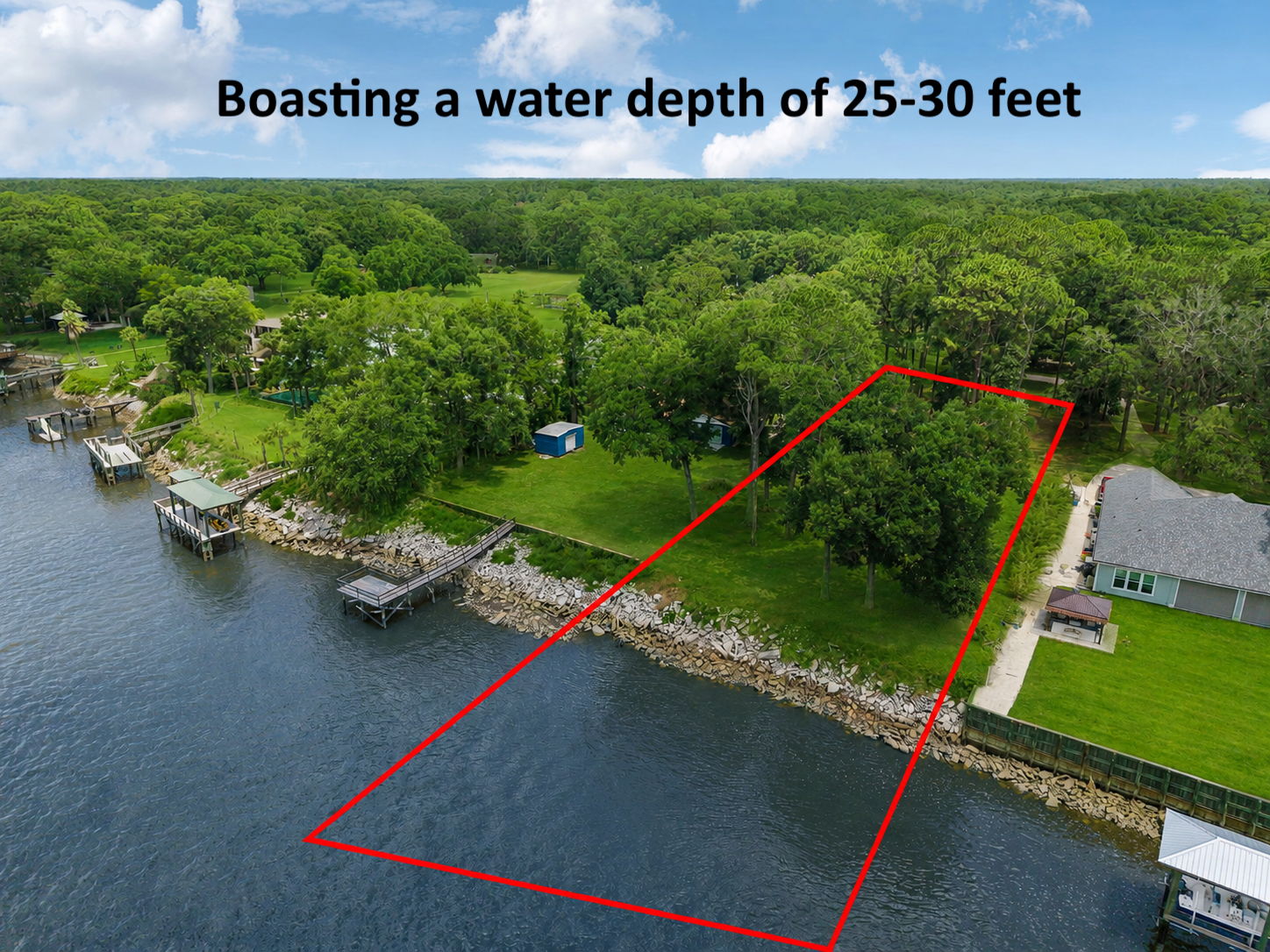 Water depths of approximately 25–30 feet at all tides offer dependable access beyond the limits of a typical tidal creek.