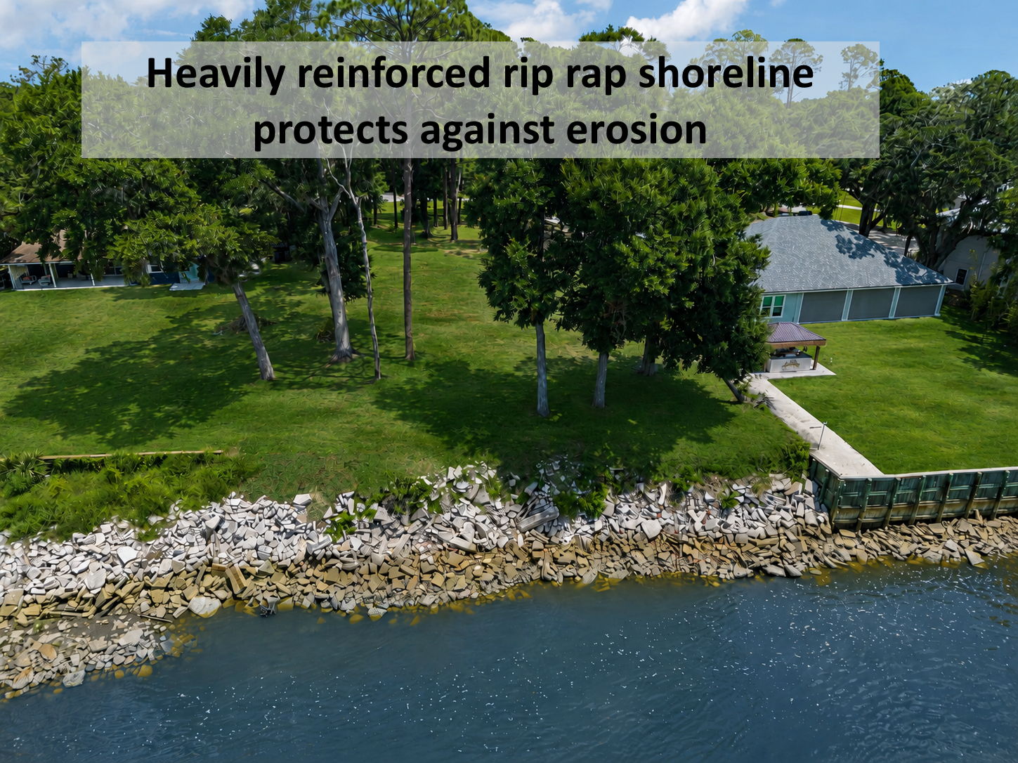 A heavily reinforced riprap shoreline helps protect the property from erosion and preserves its valuable waterfront edge.