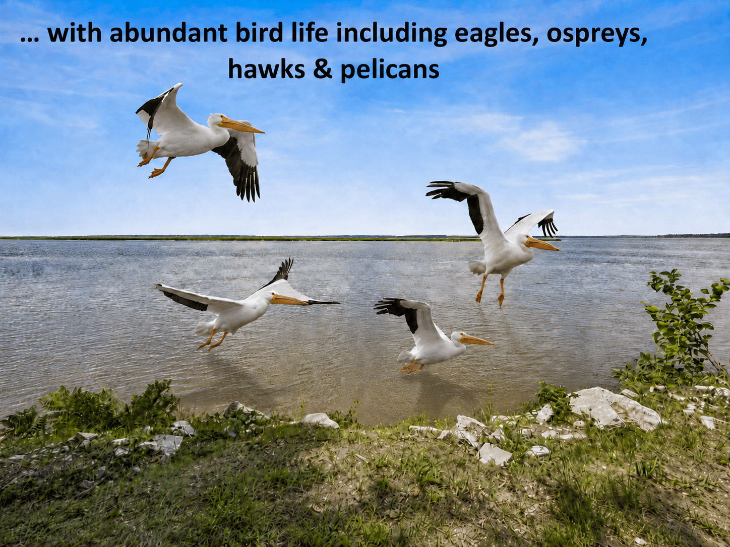 … while eagles, ospreys, hawks and pelicans bring the waterfront to life overhead.