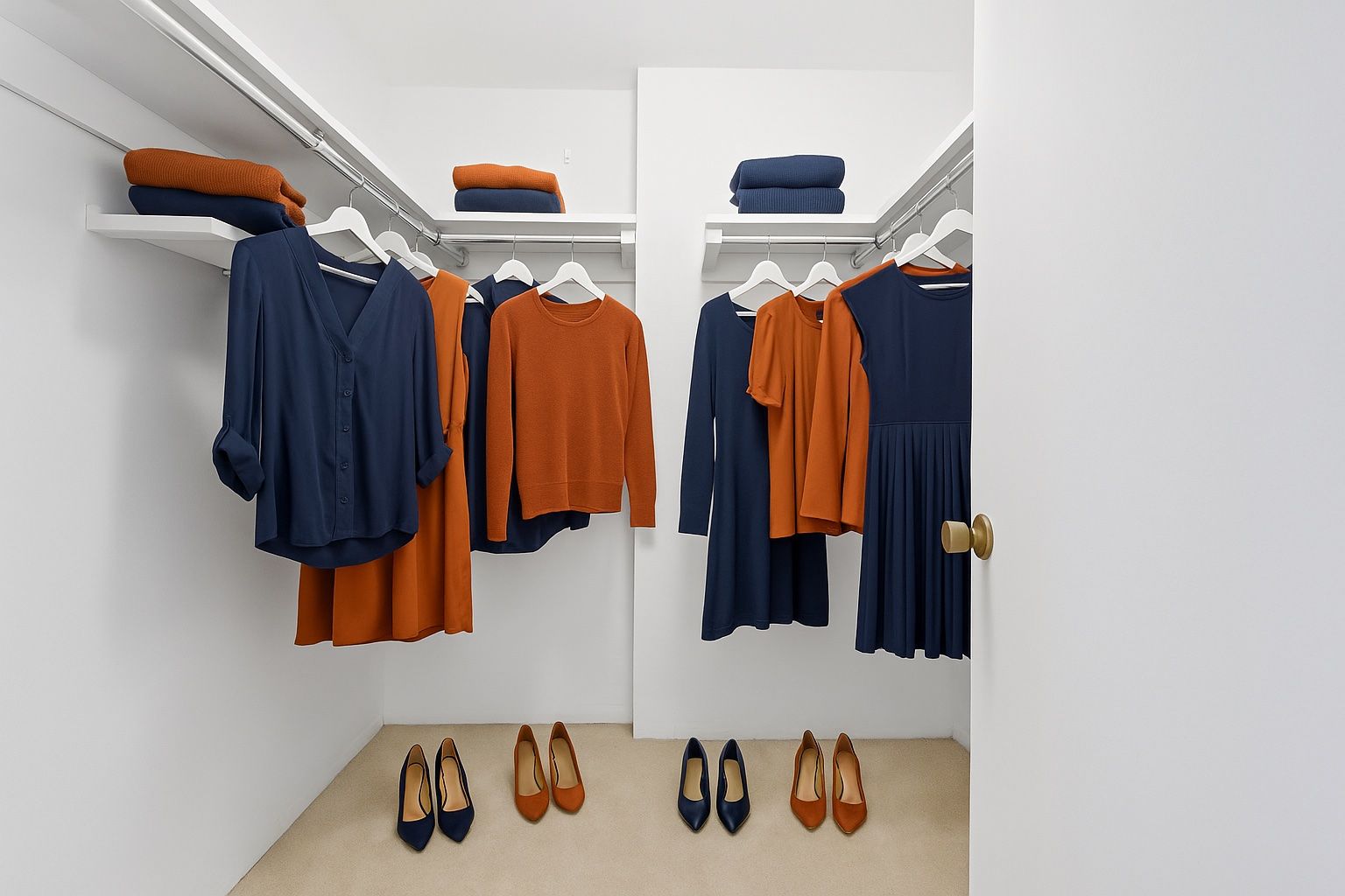 Virtually staged primary walk-in closet.