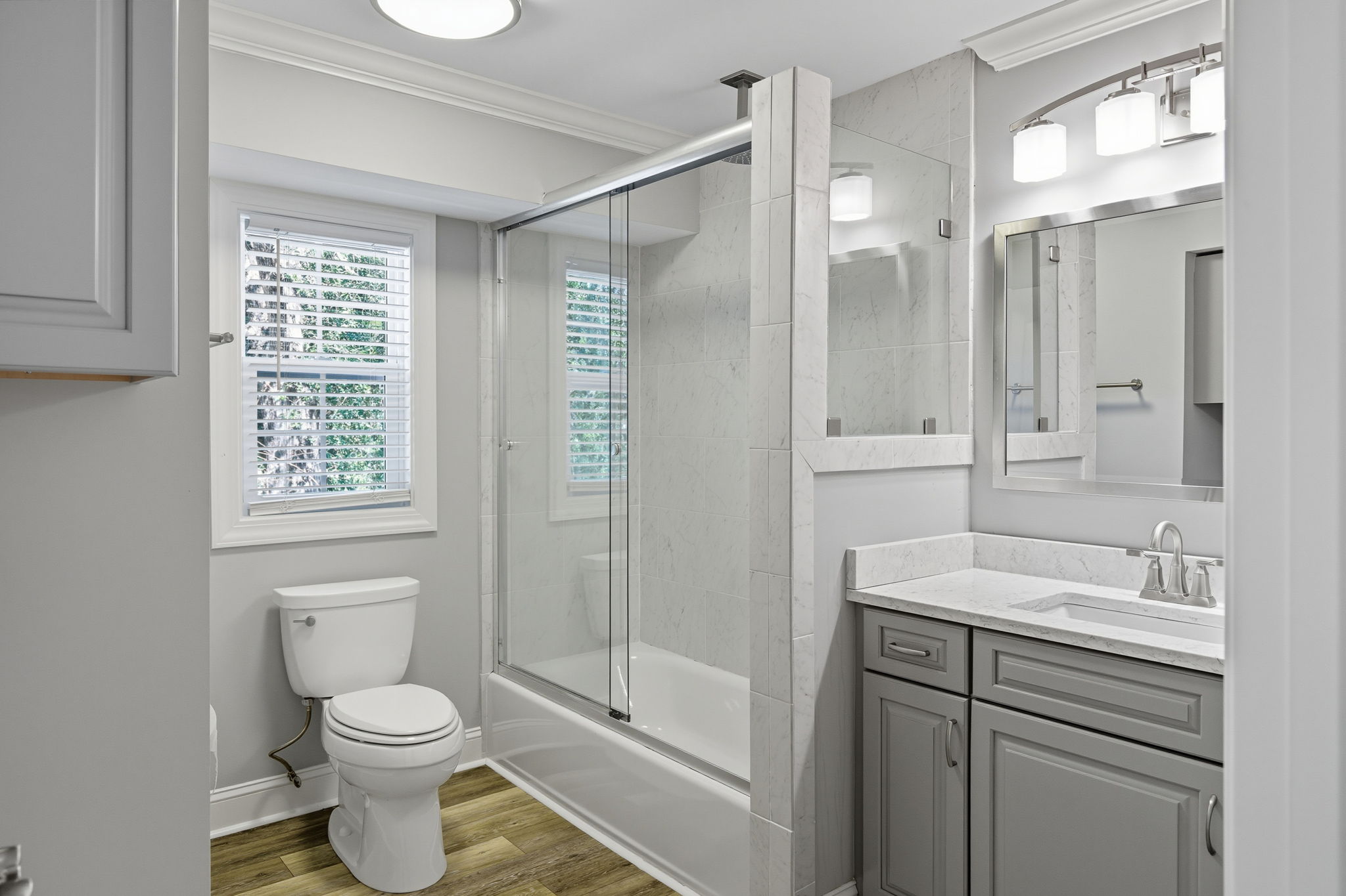 Comination shower/bath serves the bunkroom.