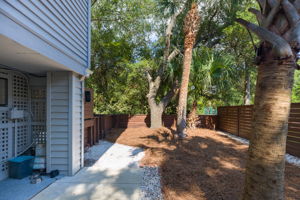 Dog run is fenced and shaded.