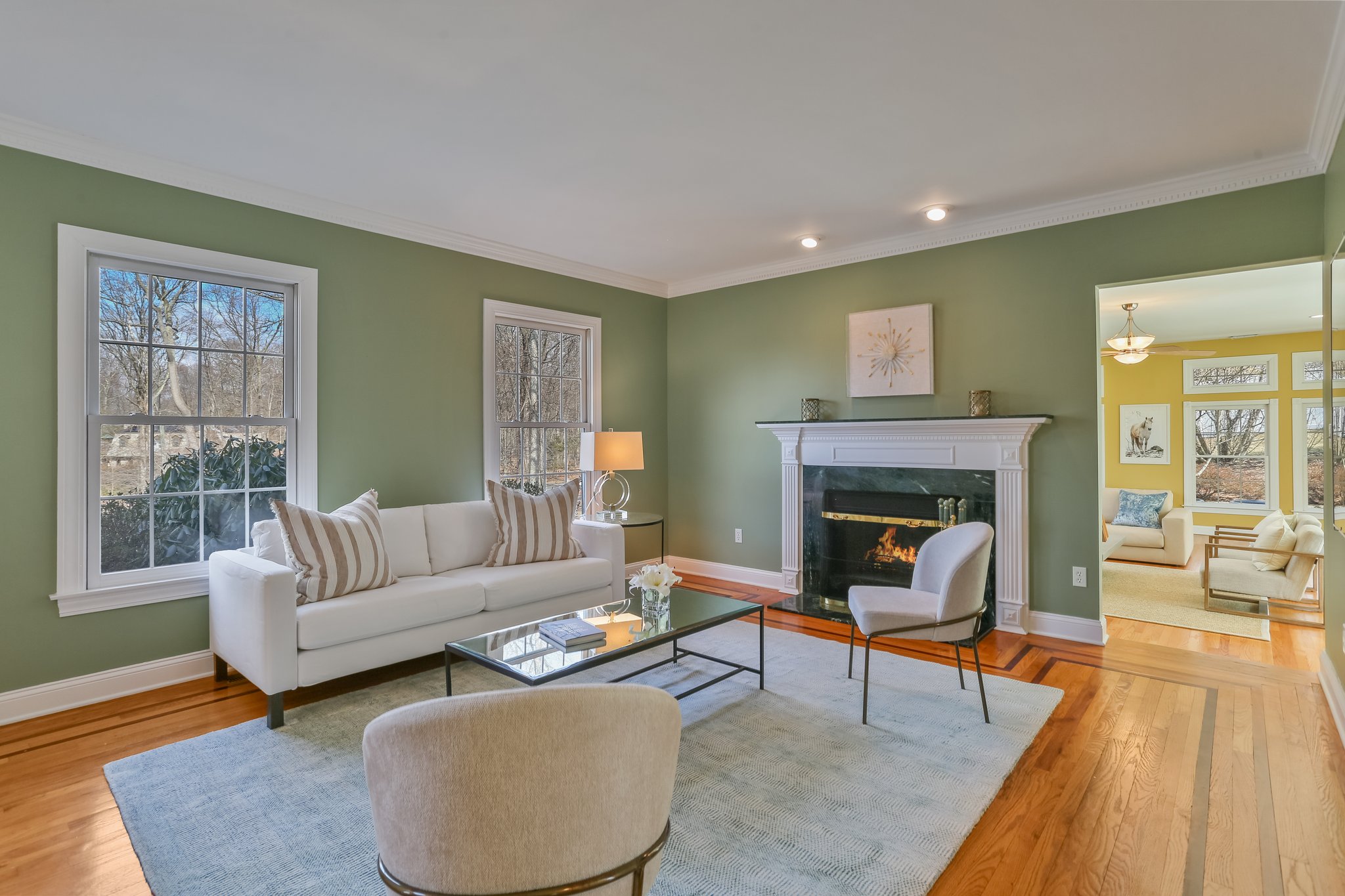 Living Room with inviting wood-burning fireplace