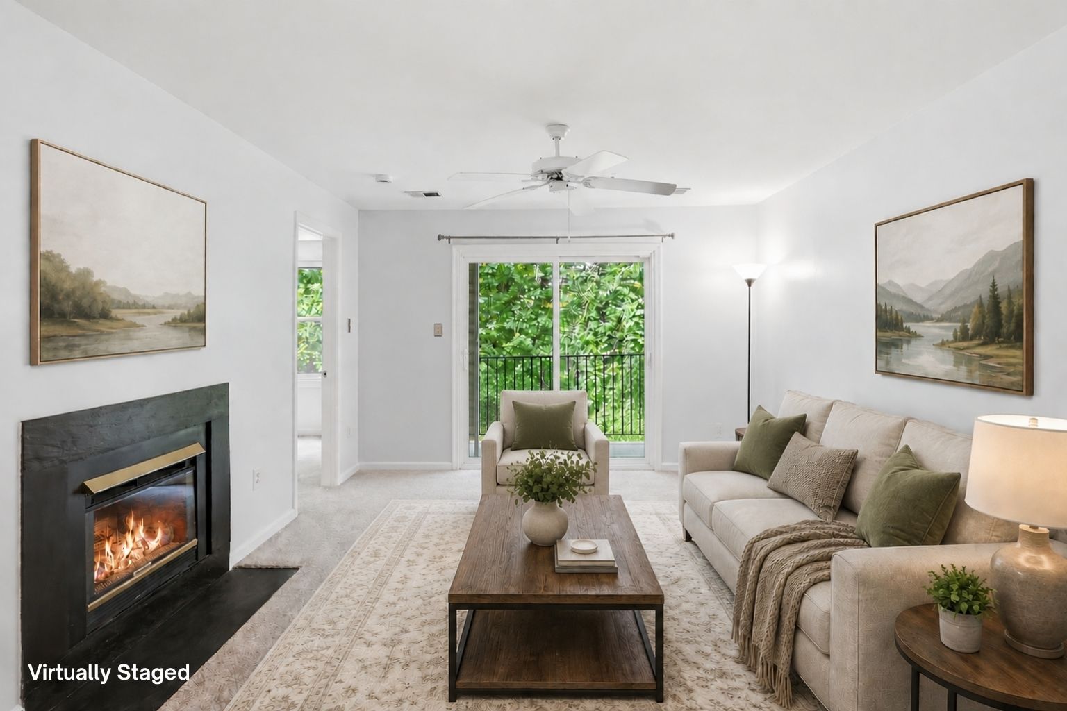 Living Room with Fireplace and Access to Deck