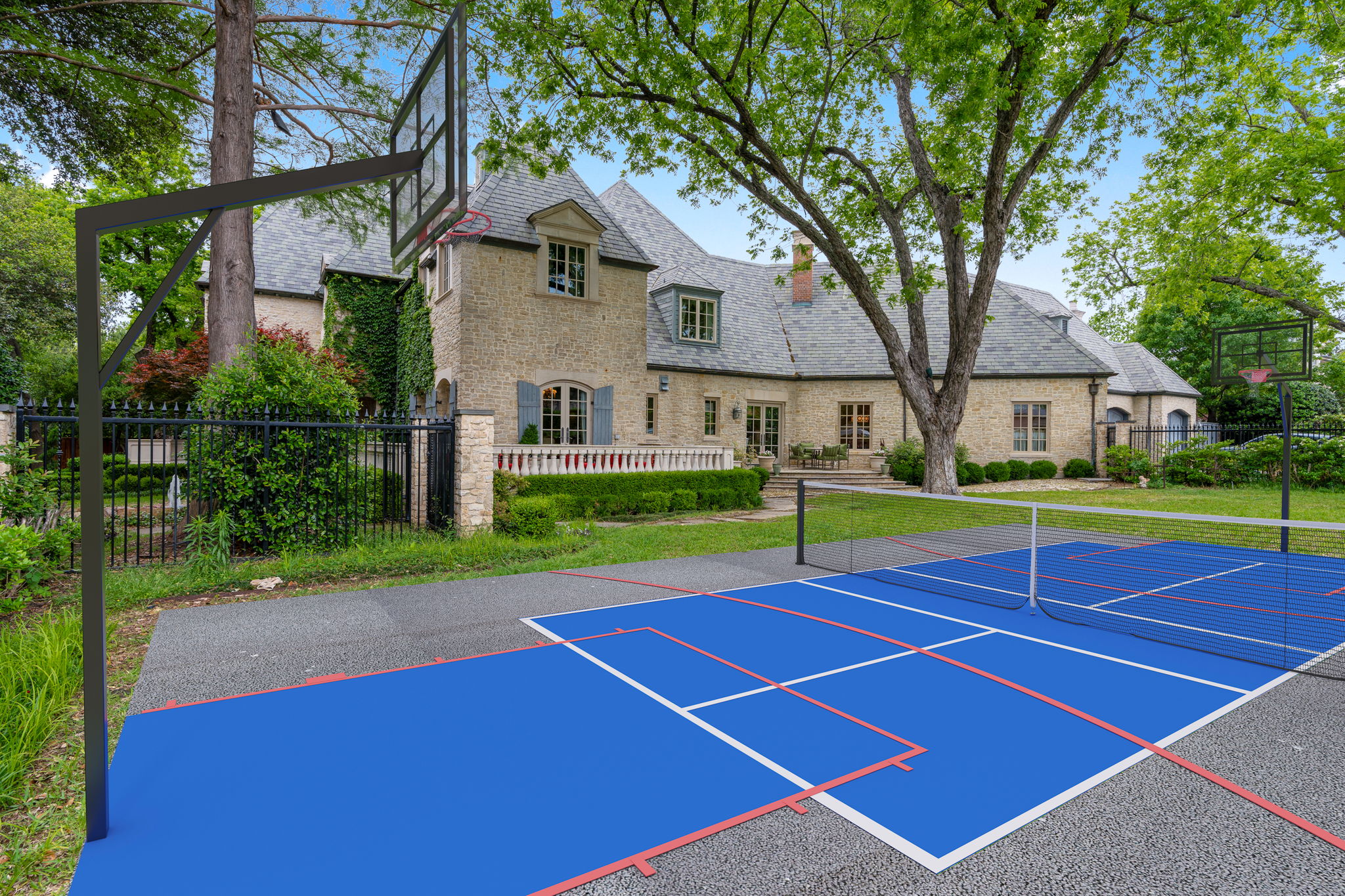 Digital rendering of a pickleball / basketball sport court combo. Consult CC&R before building