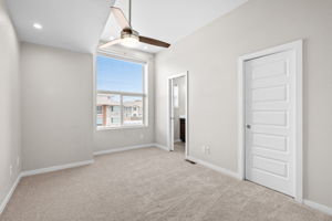 Primary Bedroom, Pocket Doors to Walk-In Closet and 3/4 Bathroom, Ceiling Fan, Can Lighting