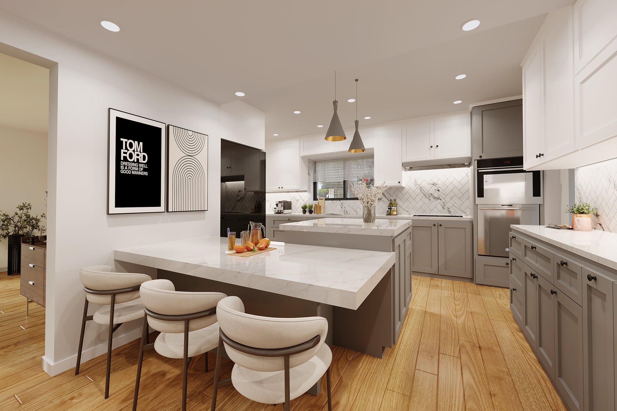 Virtually staged Kitchen with breakfast island