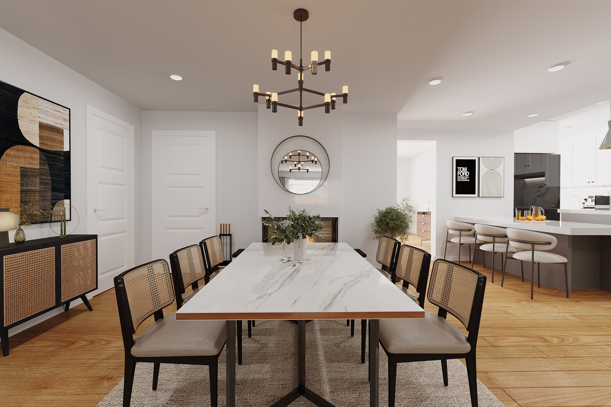 Virtually staged Dining with Fireplace
