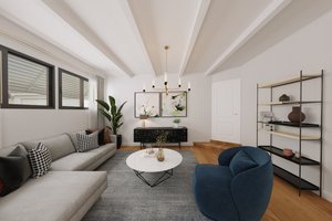 Virtually staged Step down family room with open beams