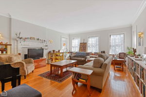 First floor living room with decorative fireplace