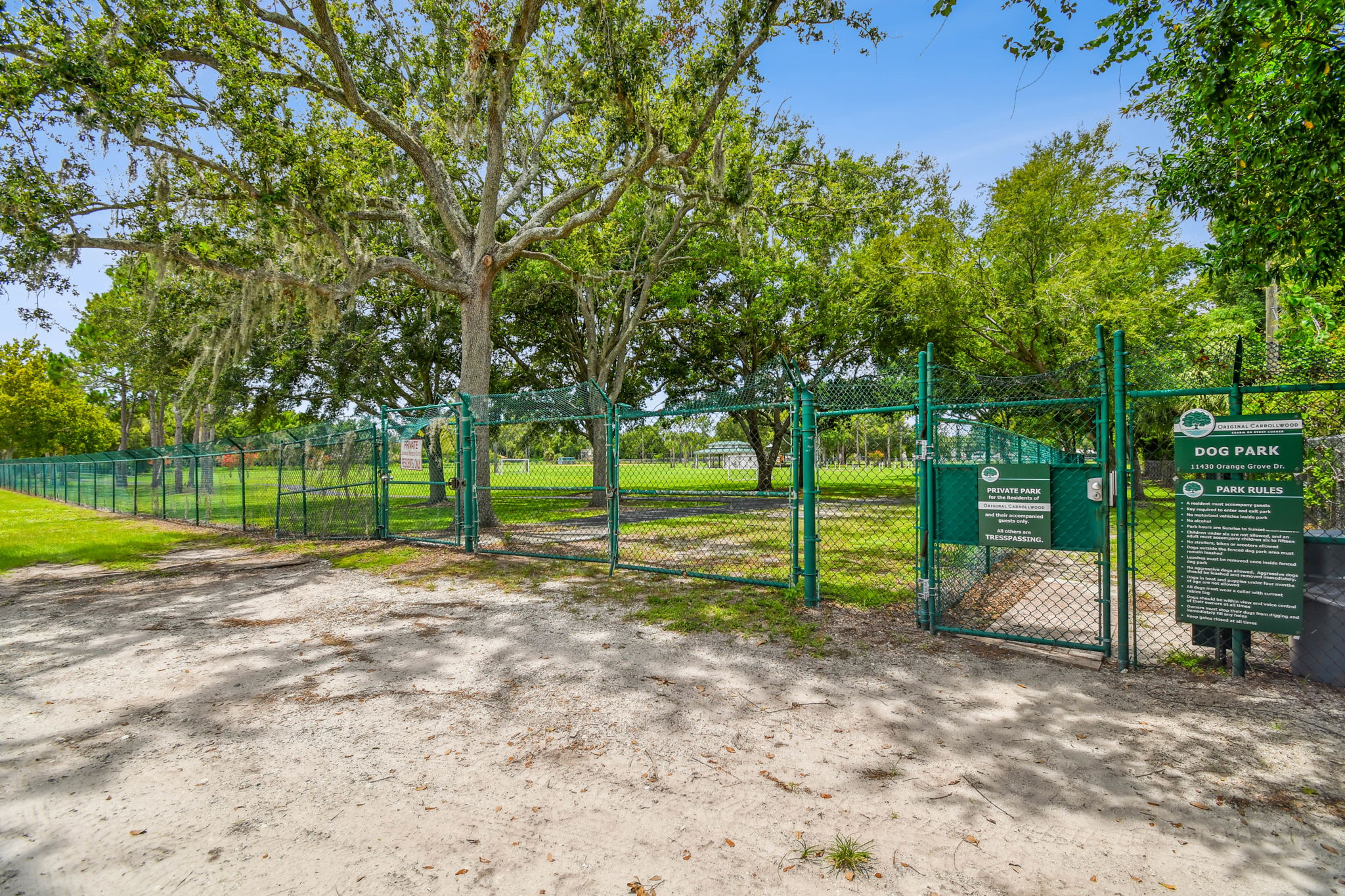 Dog park — fenced, with gate
