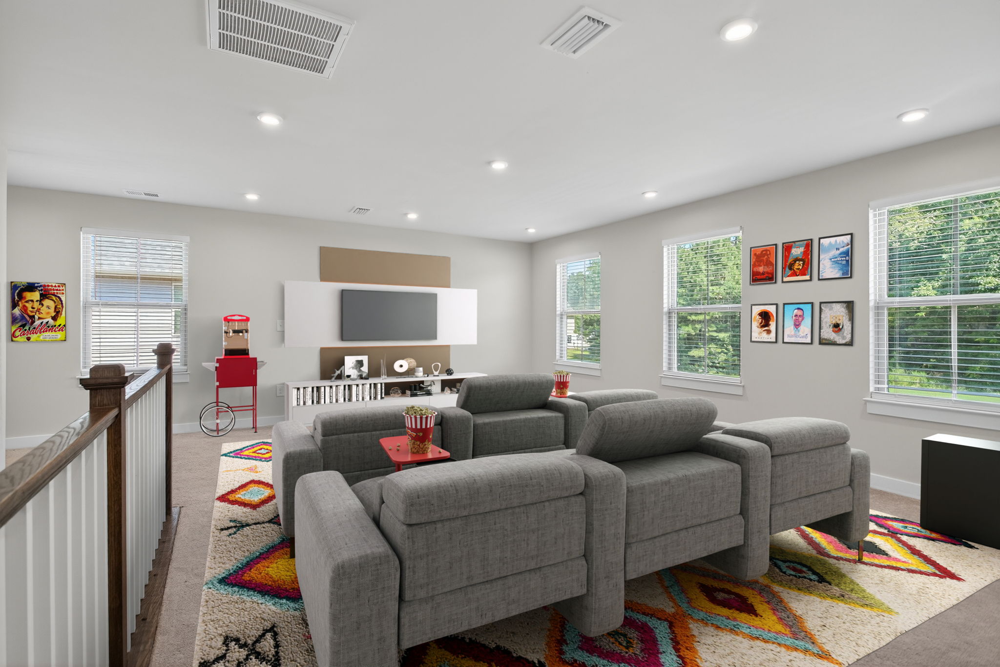 Virtually staged loft, perfect for a media room!