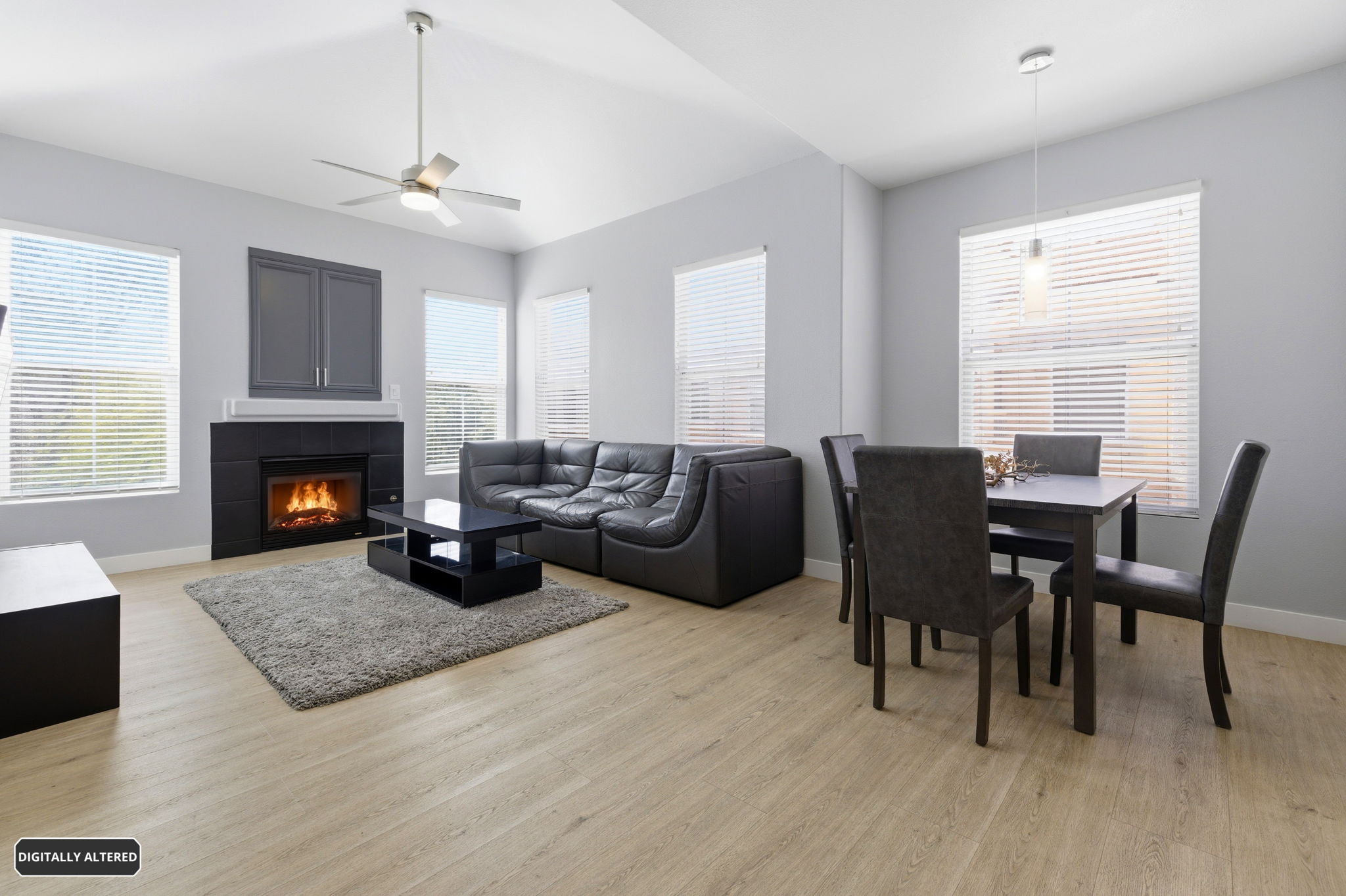 Living & dining area with fireplace.