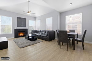 Living & dining area with fireplace.