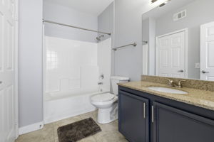 Shower & tub with large vanity in secondary bathroom.