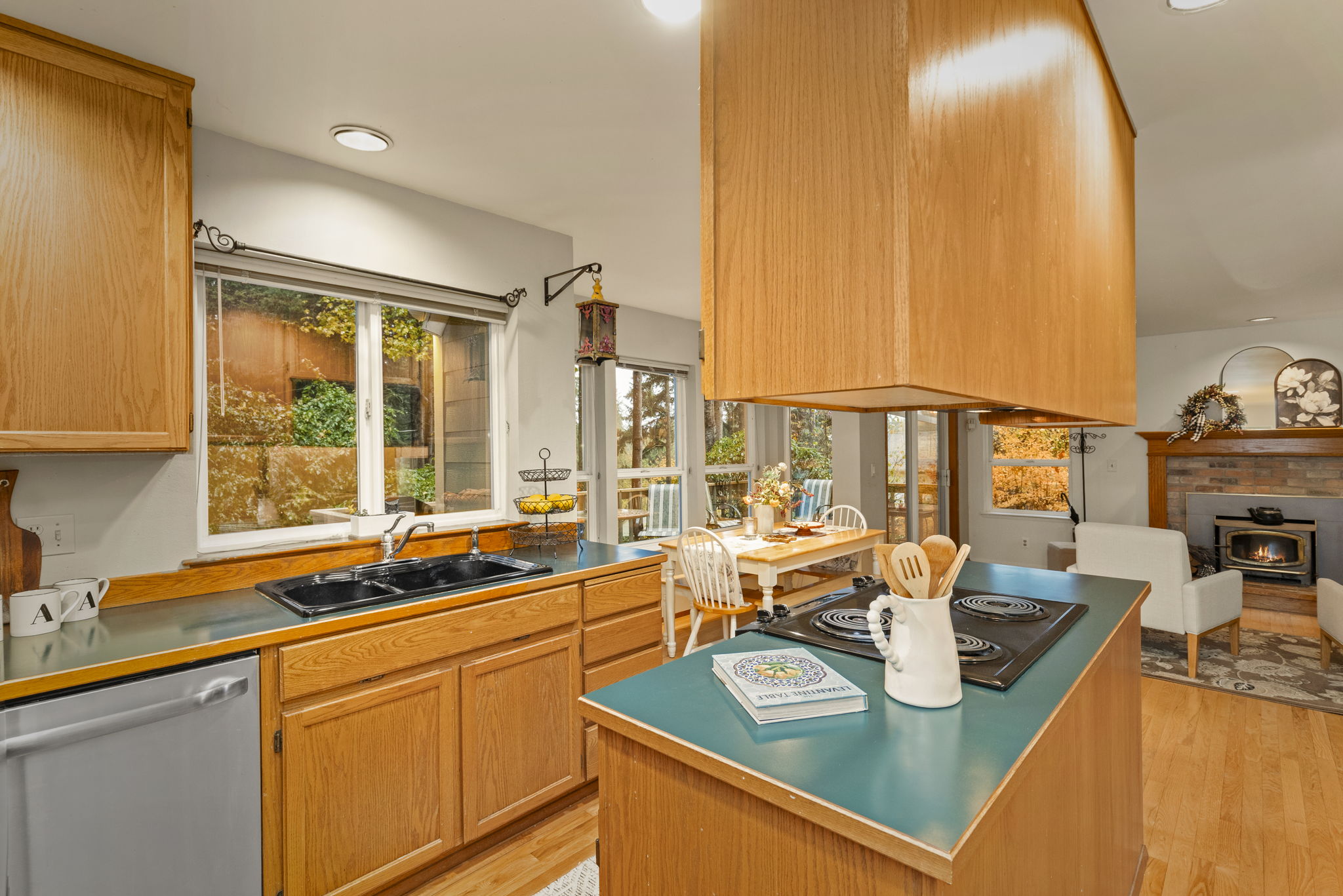 Kitchen with beautiful oak hardwood floors.