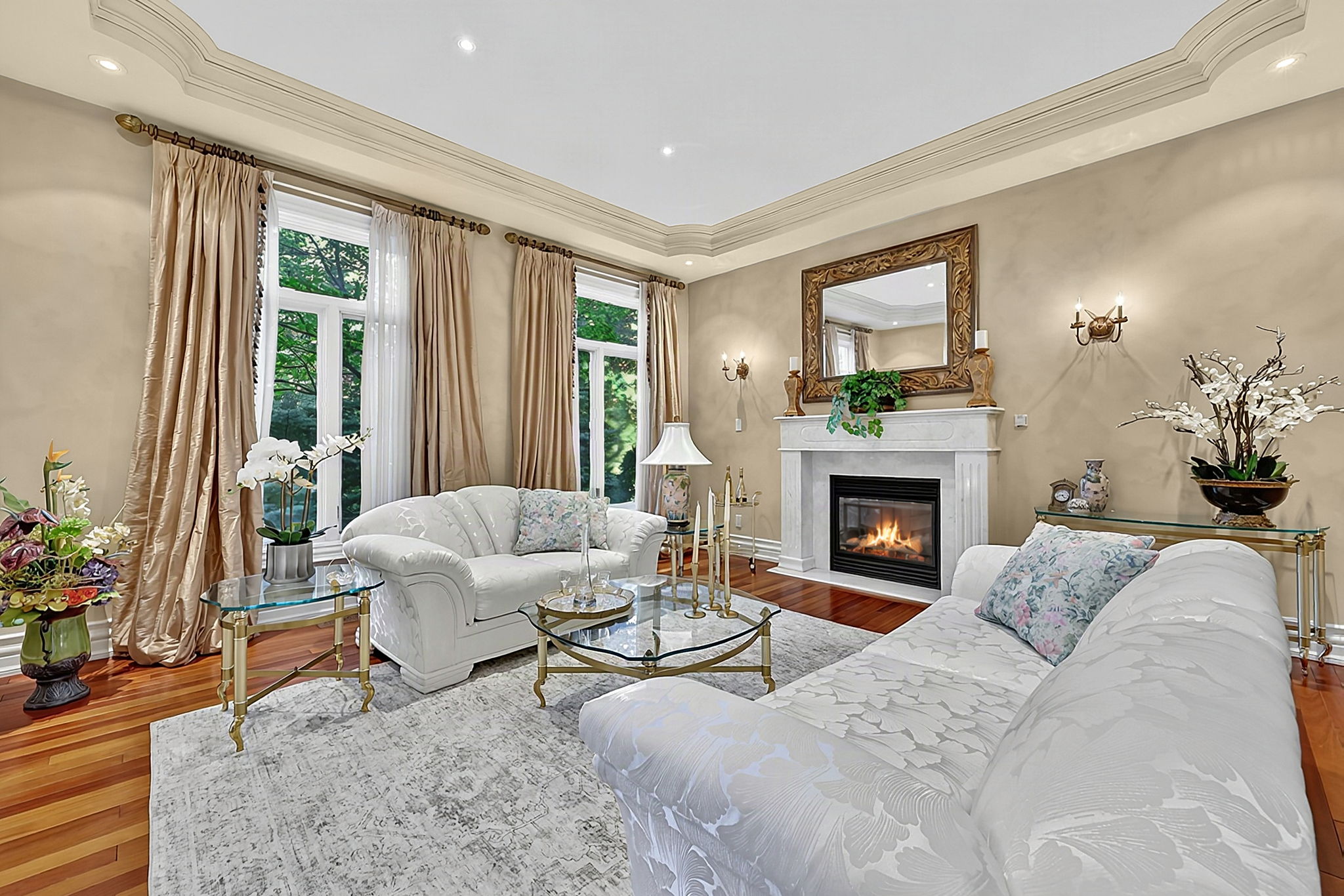 Living Room wiith Traditional, Clean-Lined Marble Fireplace