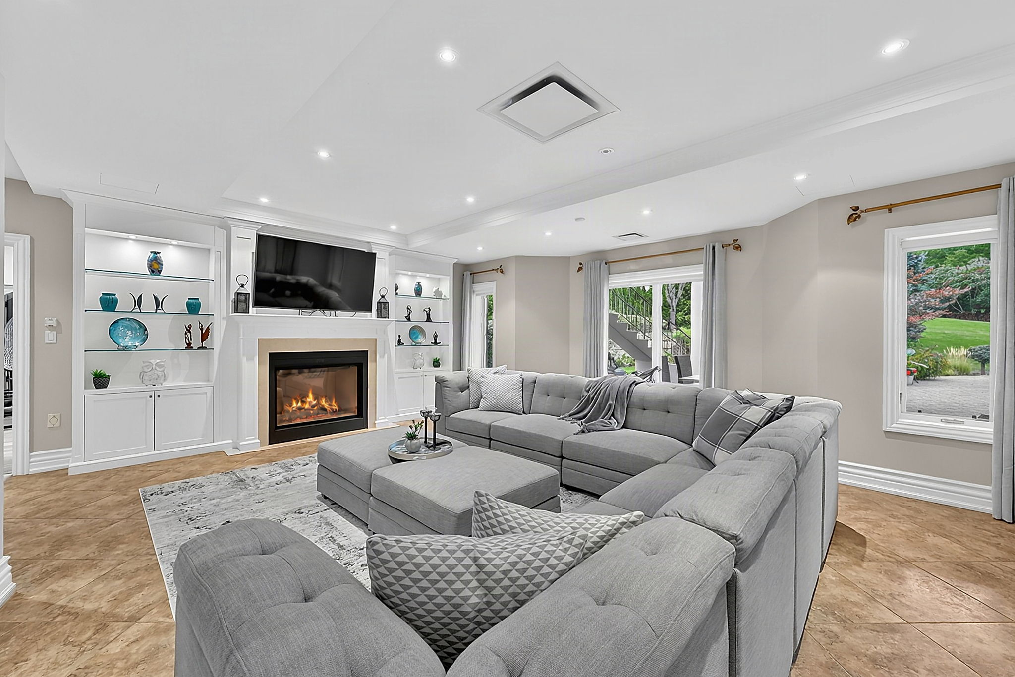 Basement Family Room with Fireplace and Built-Ins