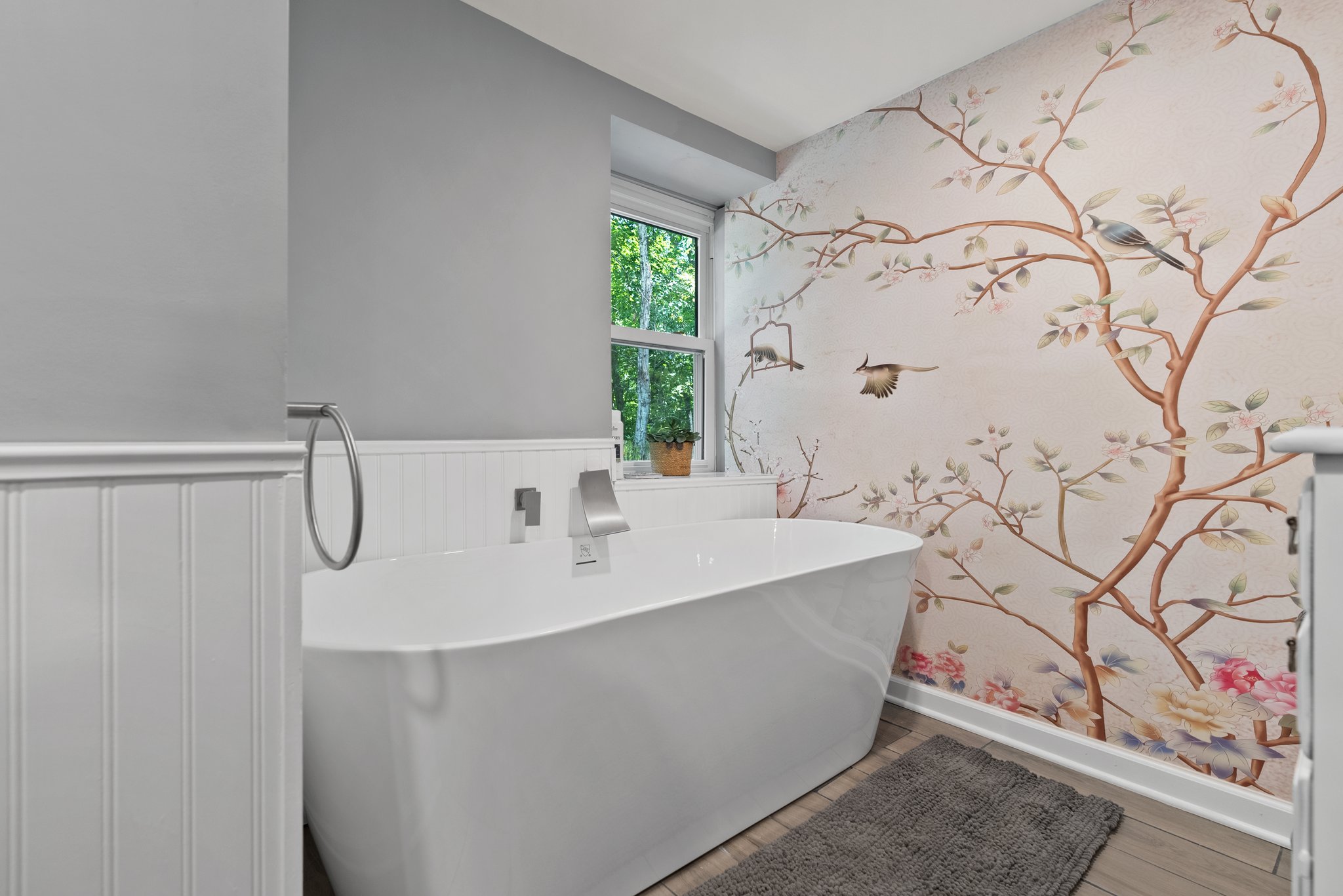 Soaking Tub with Custom Mural and Heater Floors Downstairs Main Dwelling