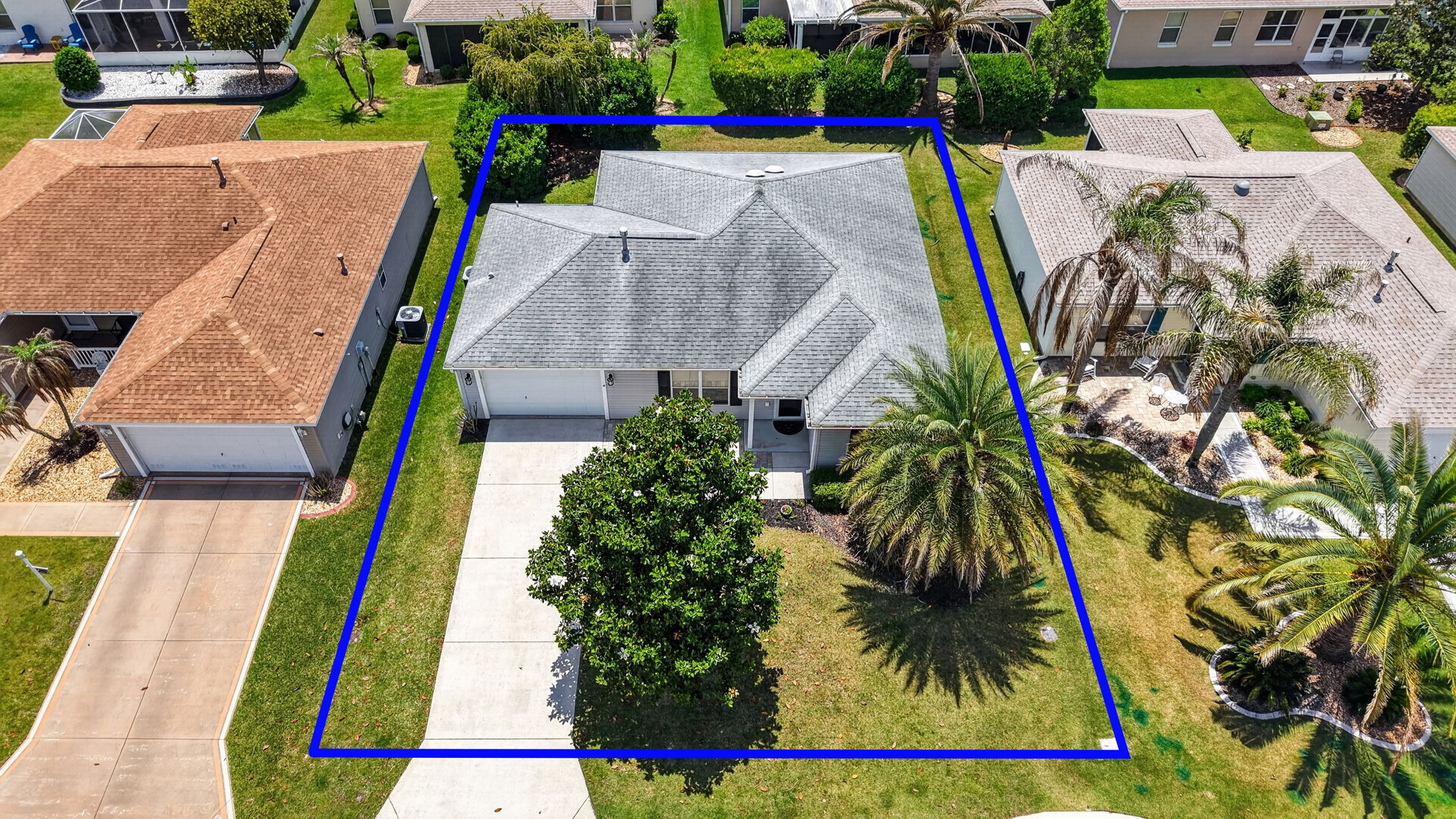 Aerial Front Elevation and PRIVACY Landscaping with Property Lines