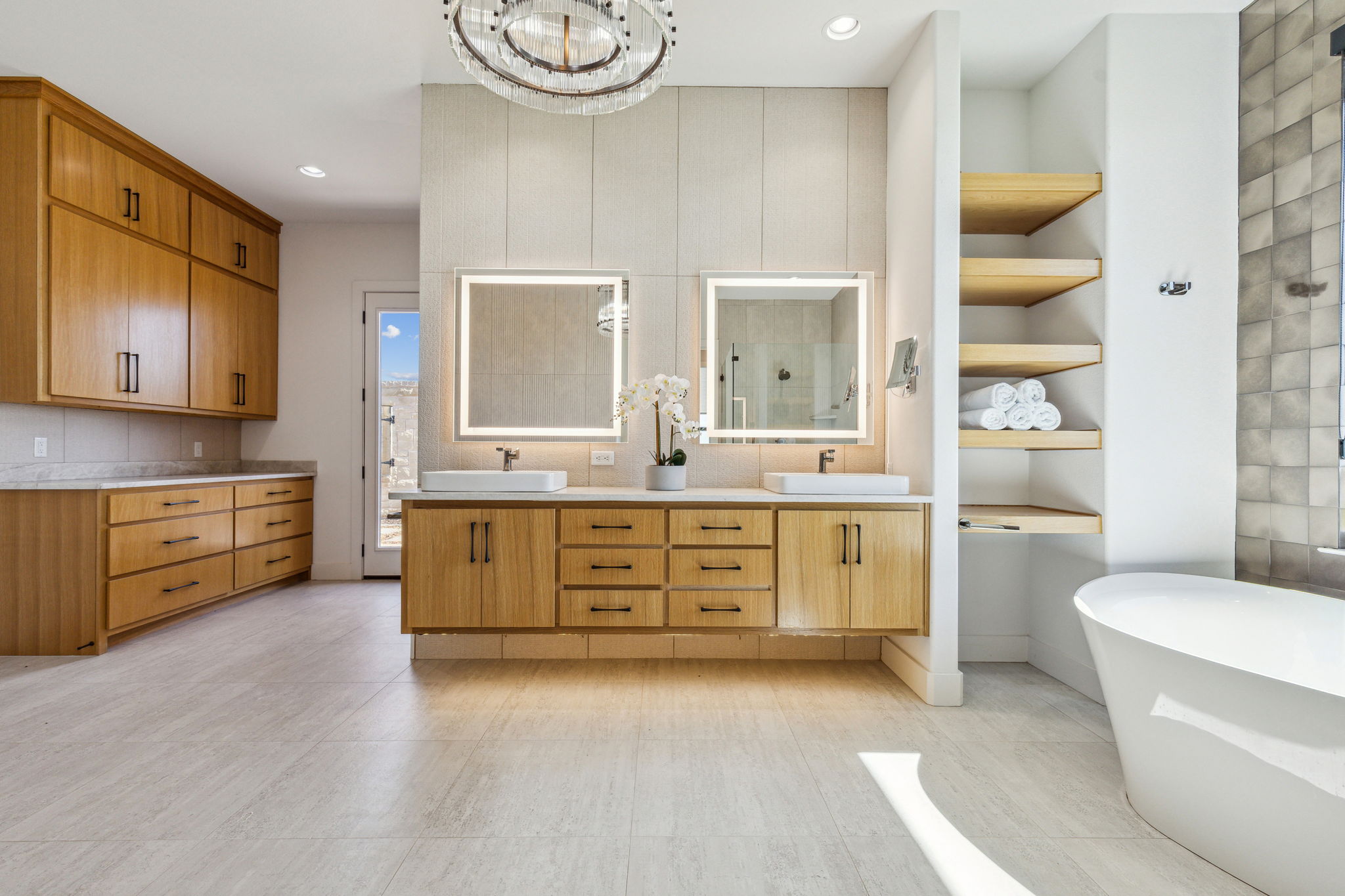Guest house Primary Suite bathroom with built in white oak cabinets