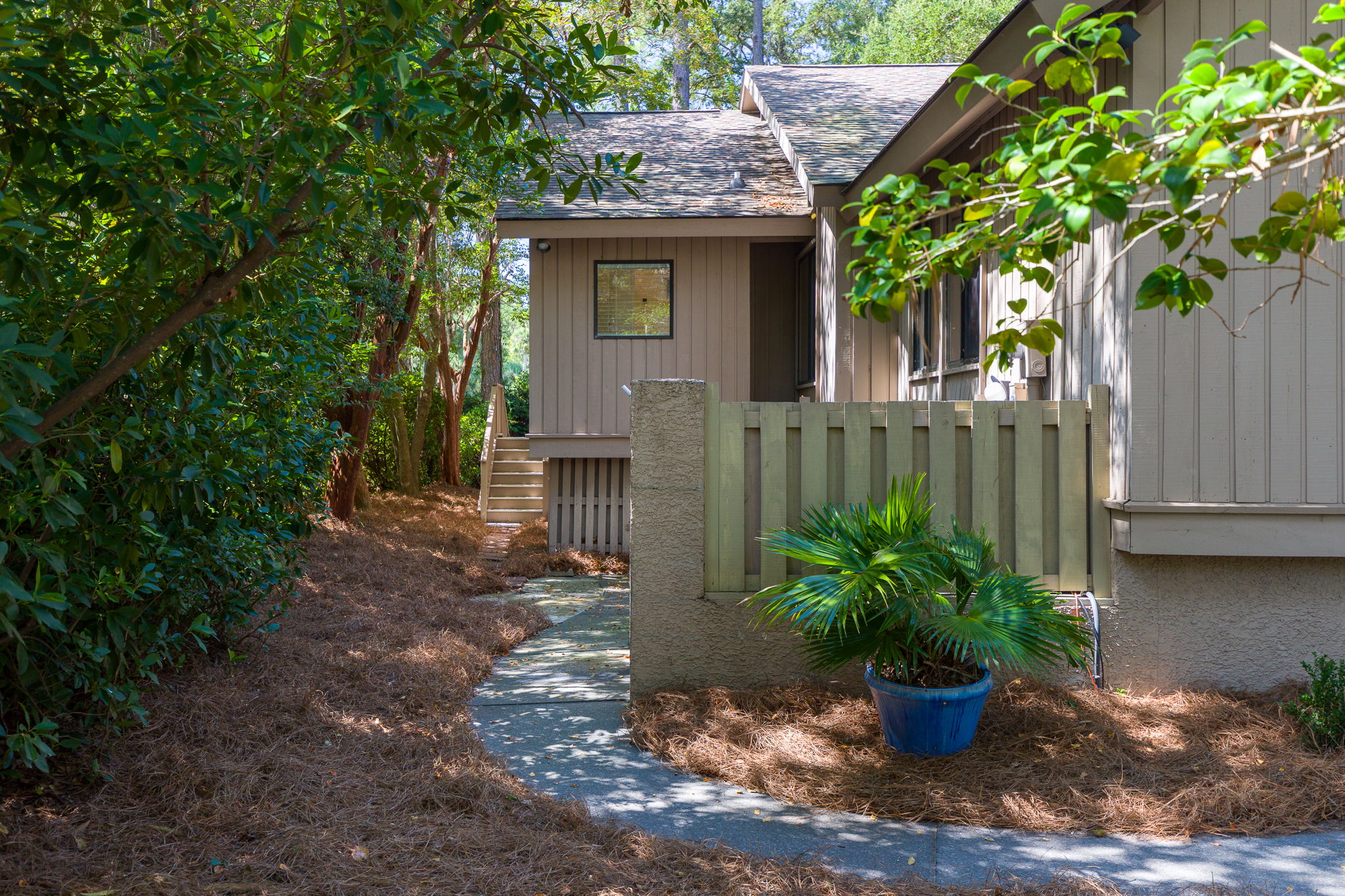 Walkway to the left of the house.