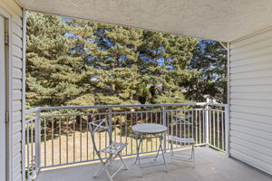 Photographer floor plan measures the covered balcony at approx. 91 sq. ft.—large enough to function as an outdoor room, with lawn and mature trees opening beyond the railing.