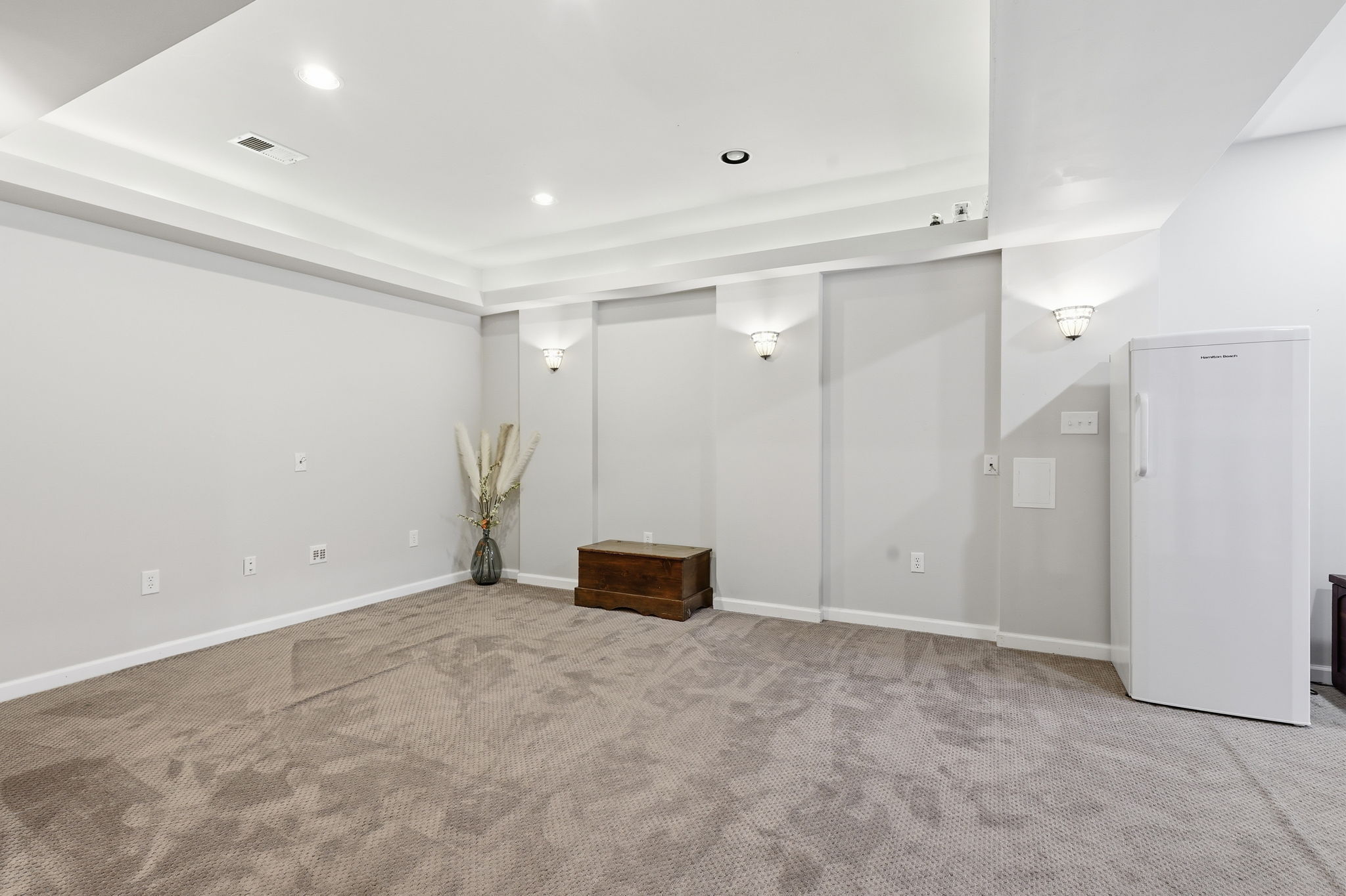 Basement Rec Room with lighted tray ceiling