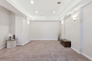 Basement Rec Room with tray ceiling and back lit shelf for decor