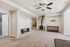 Basement Family Room with Wood Stove
