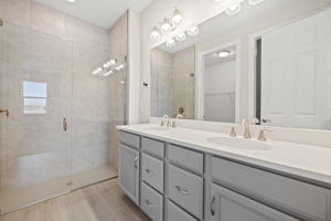Primary Bathroom with Dual sinks & frameless shower