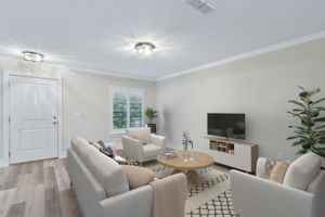 Plantation shutters adorn the windows—a premium, high-end upgrade throughout.