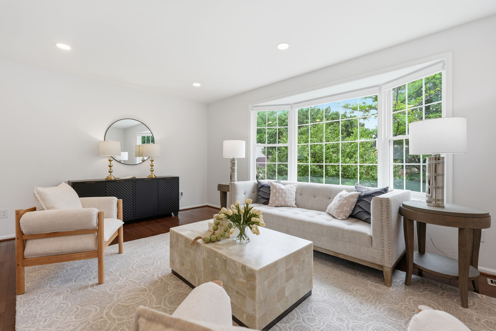 Gracious Formal Living Room with Bay Window