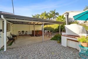 Covered back patio, pizza oven & spa