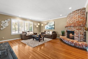 A comfy lounge with a fireplace and couch.