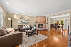 A cozy living room featuring a fireplace and sofa.