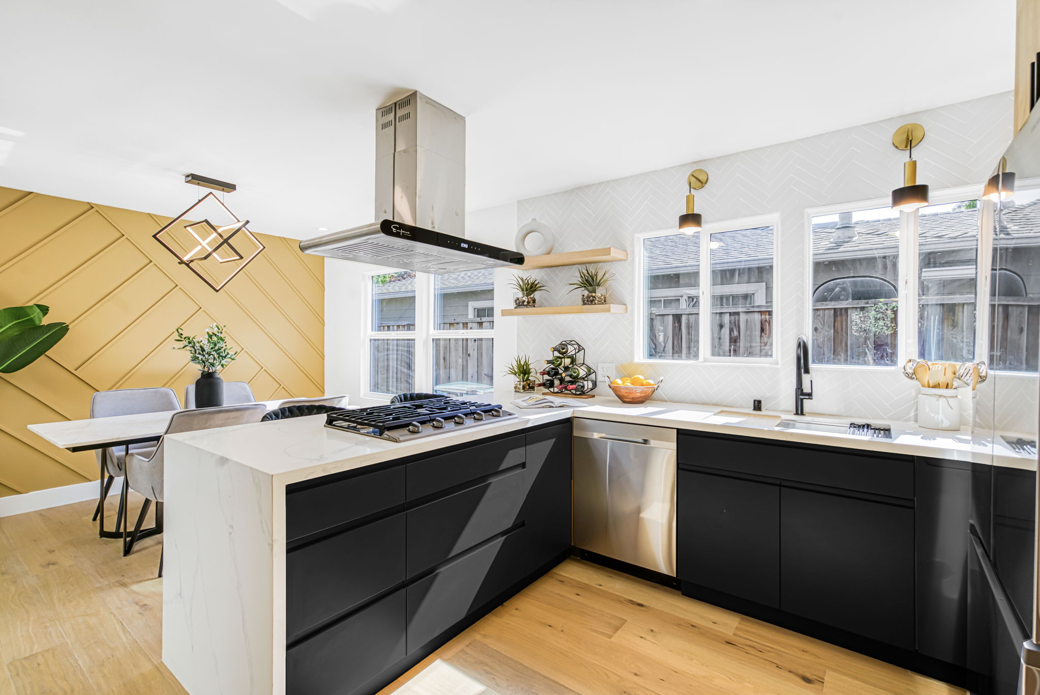 Herringbone style floor to ceiling backsplash