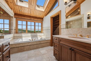 Primary ensuite bath with jetted tub and skylights