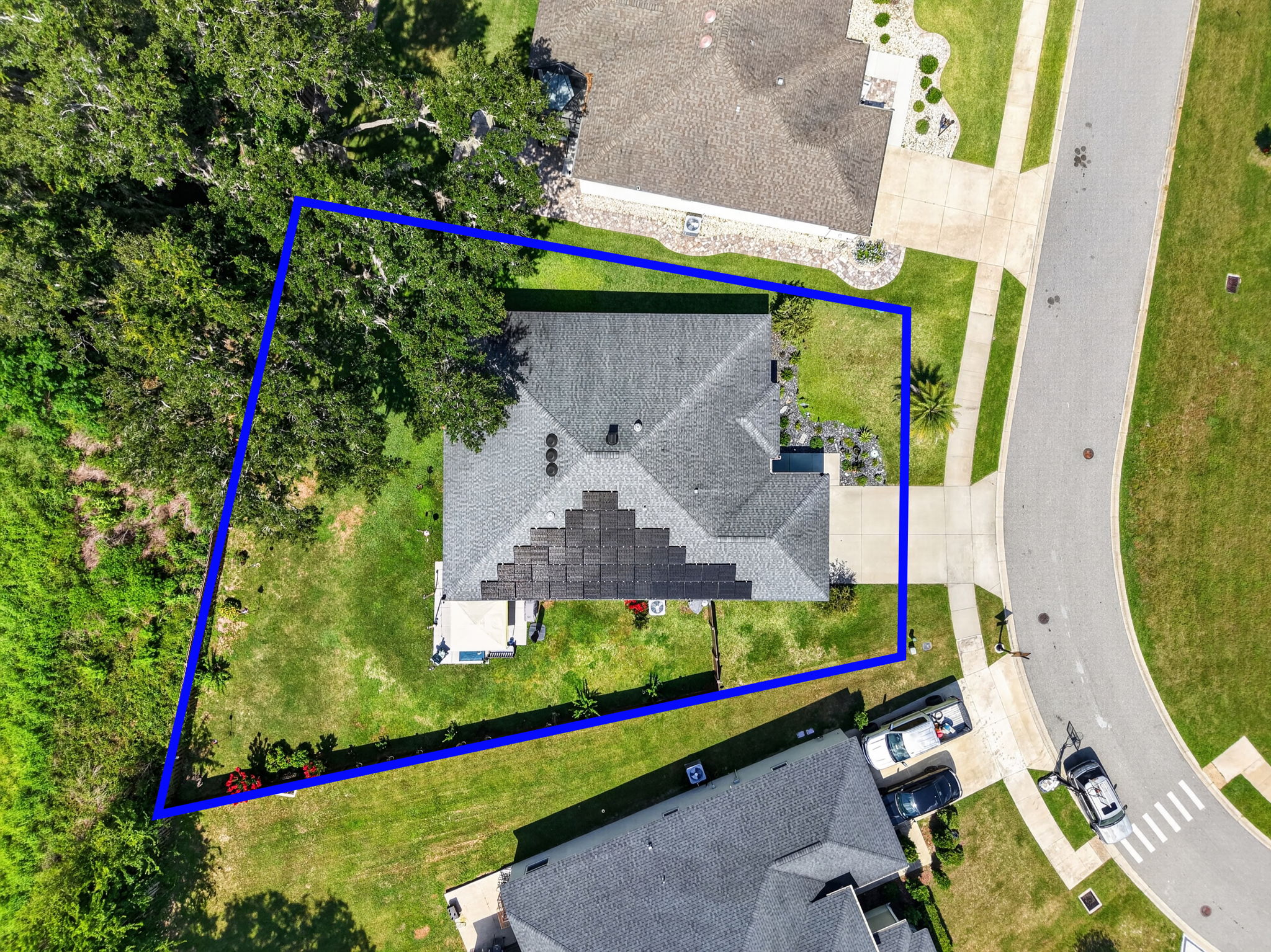 Aerial Side Elevation with Property Lines and PRIVATE Fully-Fenced Yard with ROOM FOR A POOL!