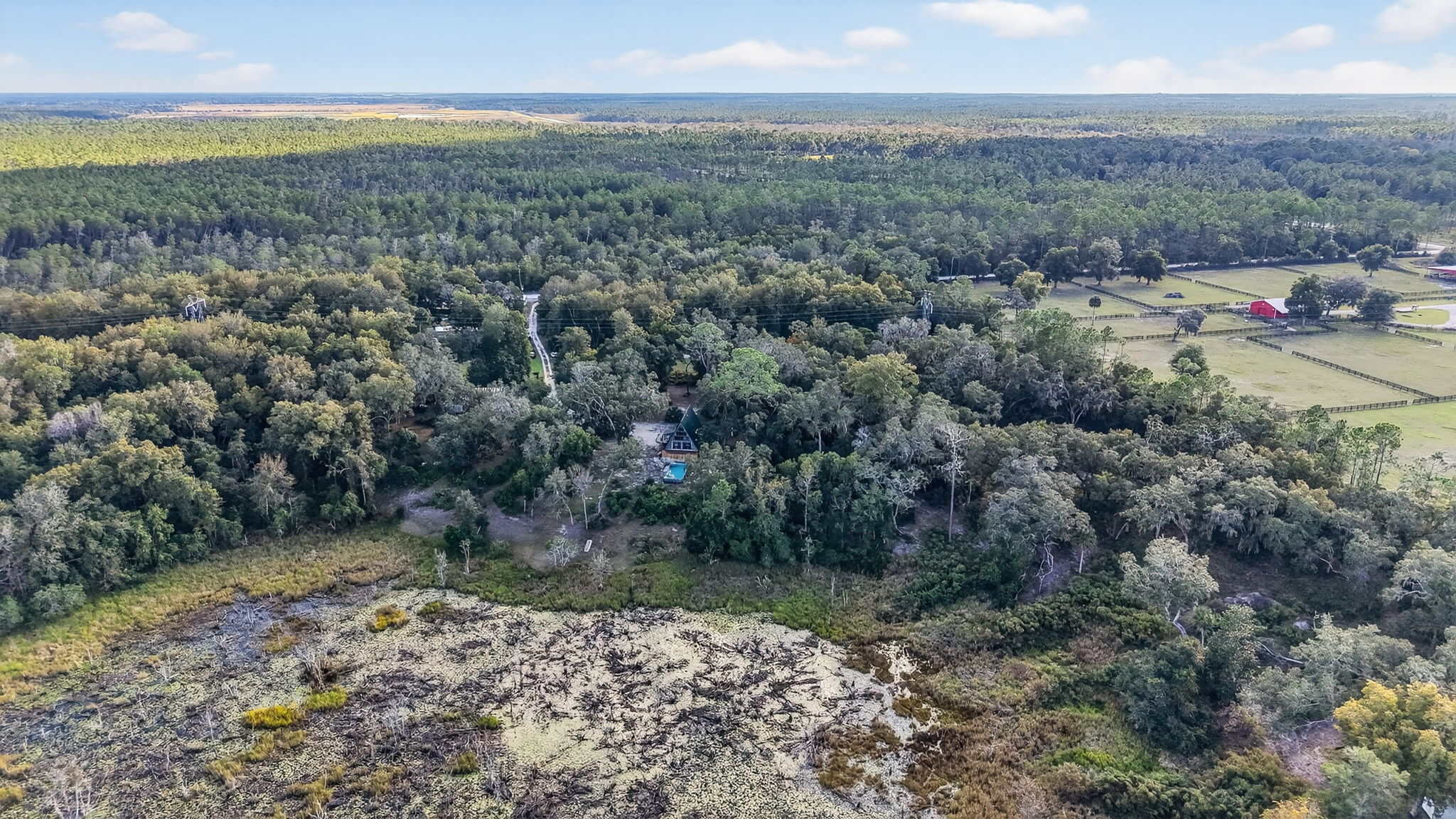 Aerial Rear Elevation with Deck, Swimming Pool, and Preserve