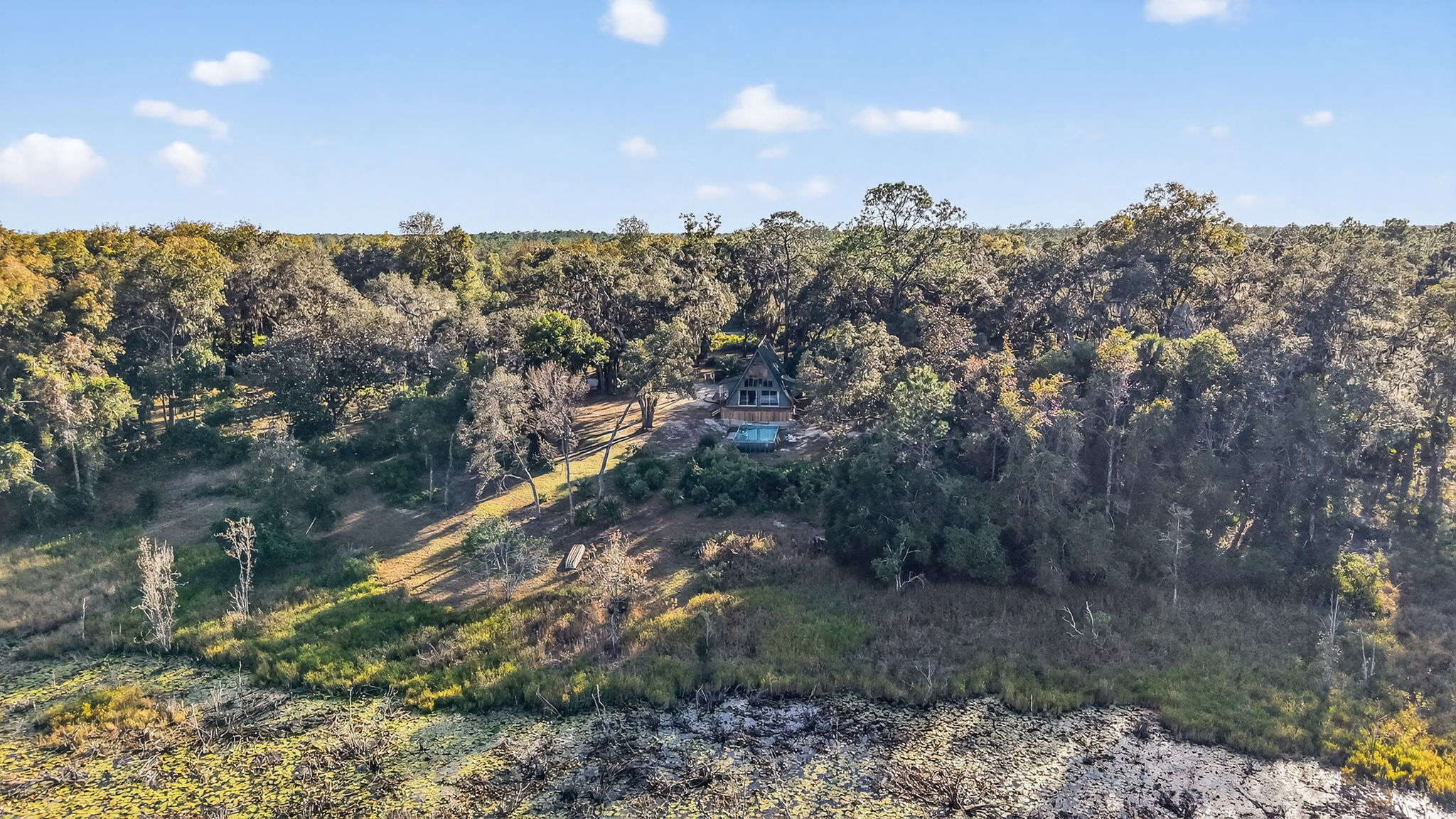 Aerial Rear Elevation with Deck, Swimming Pool, and Preserve