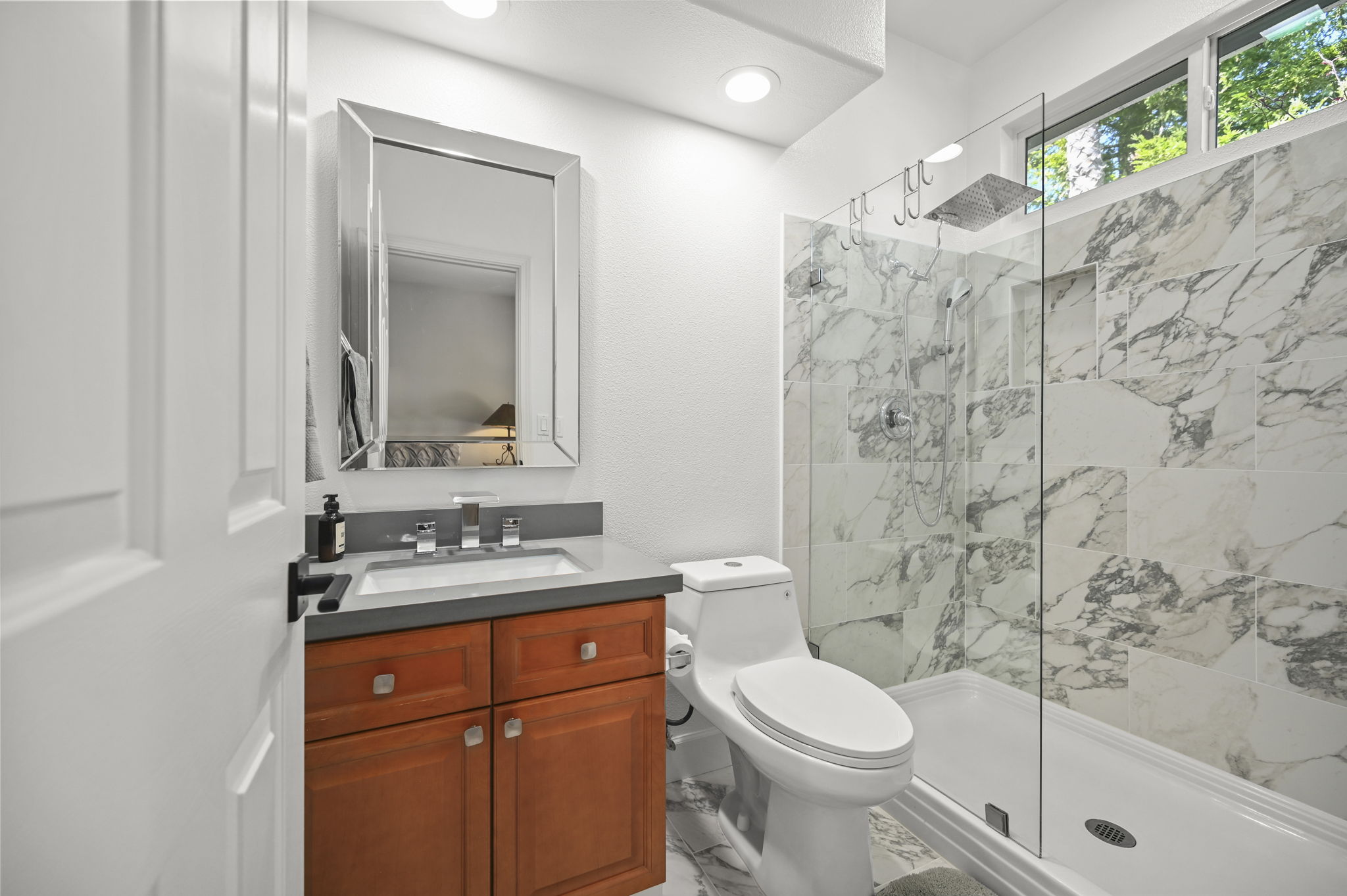 fully remodeled level in shower for downstairs bath