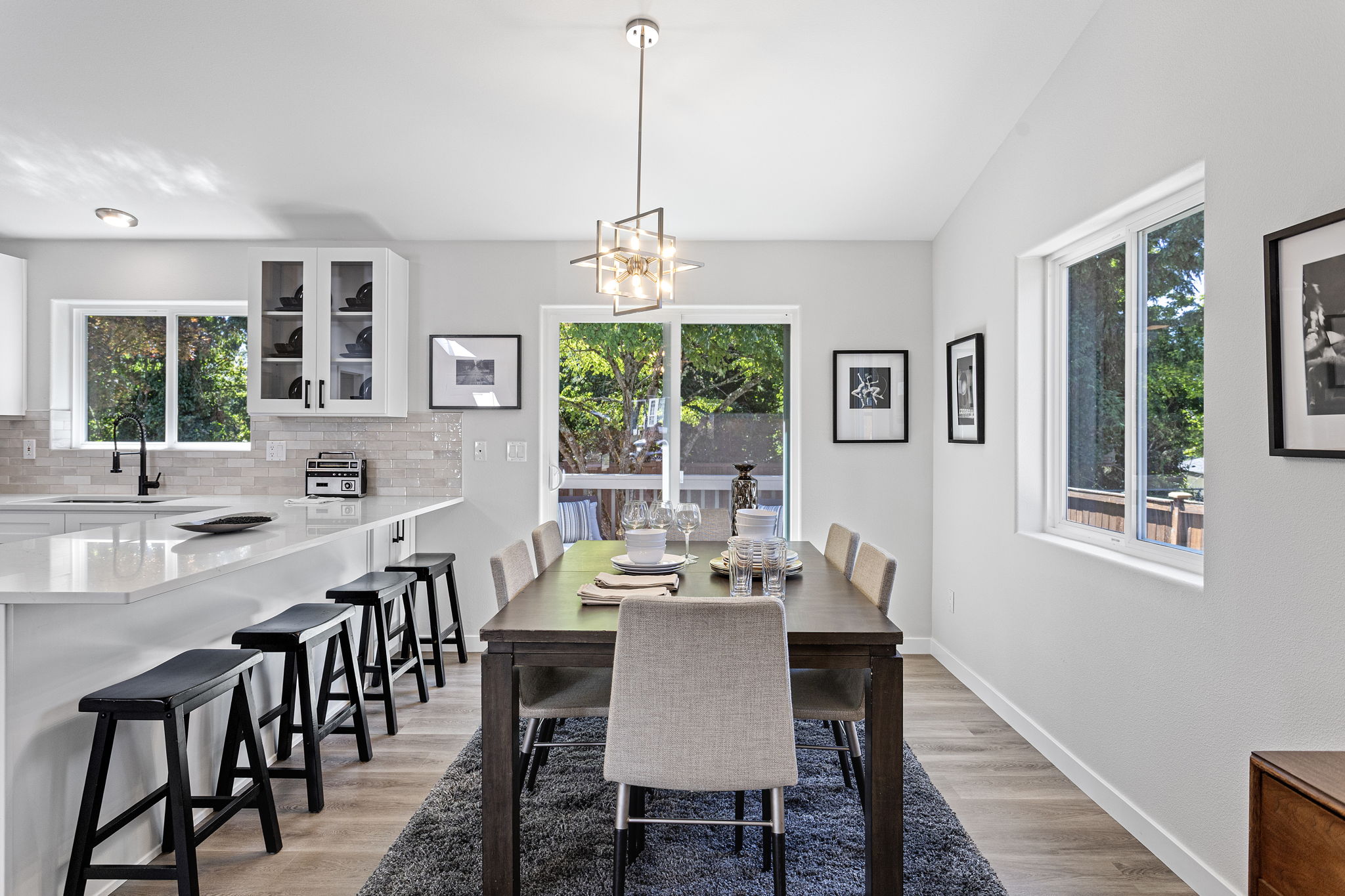 Peninsula kitchen design with seating for casual dining or morning coffee.