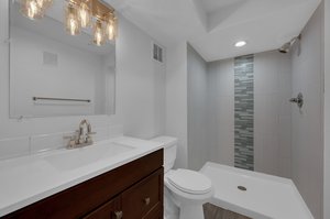 Basement Bathroom with Custom Wall Tile Surround