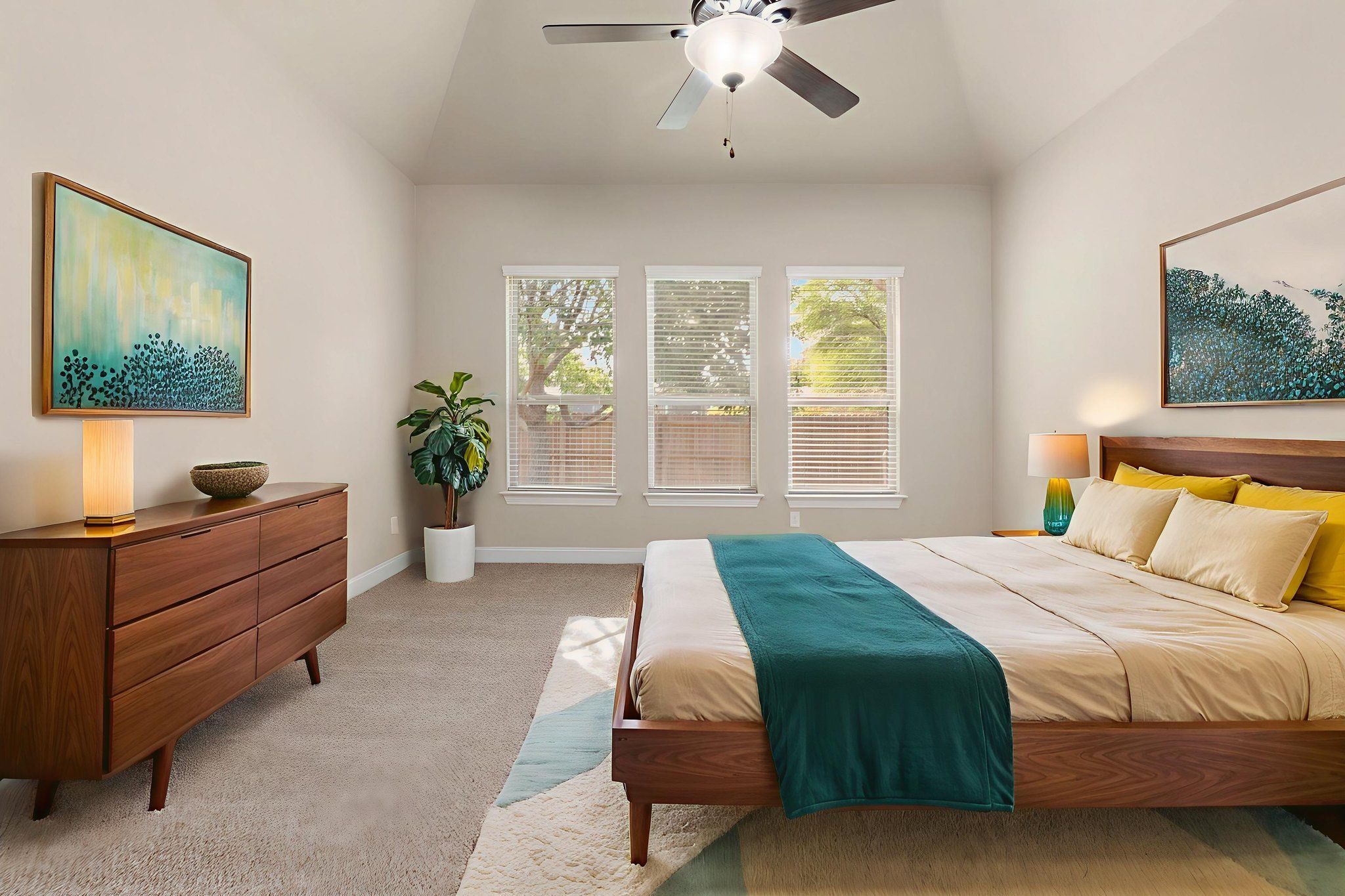 Soaring ceiling, lots of light in Master Suite virtually staged