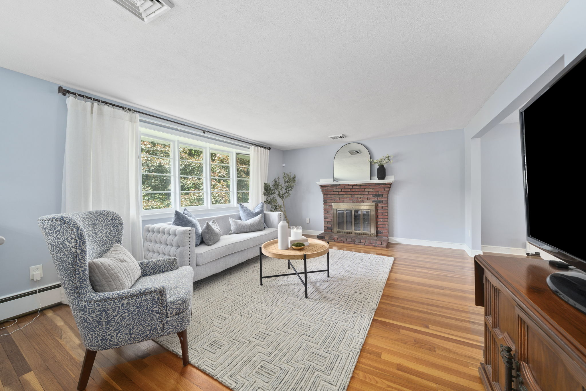 Family room on main level with fireplace