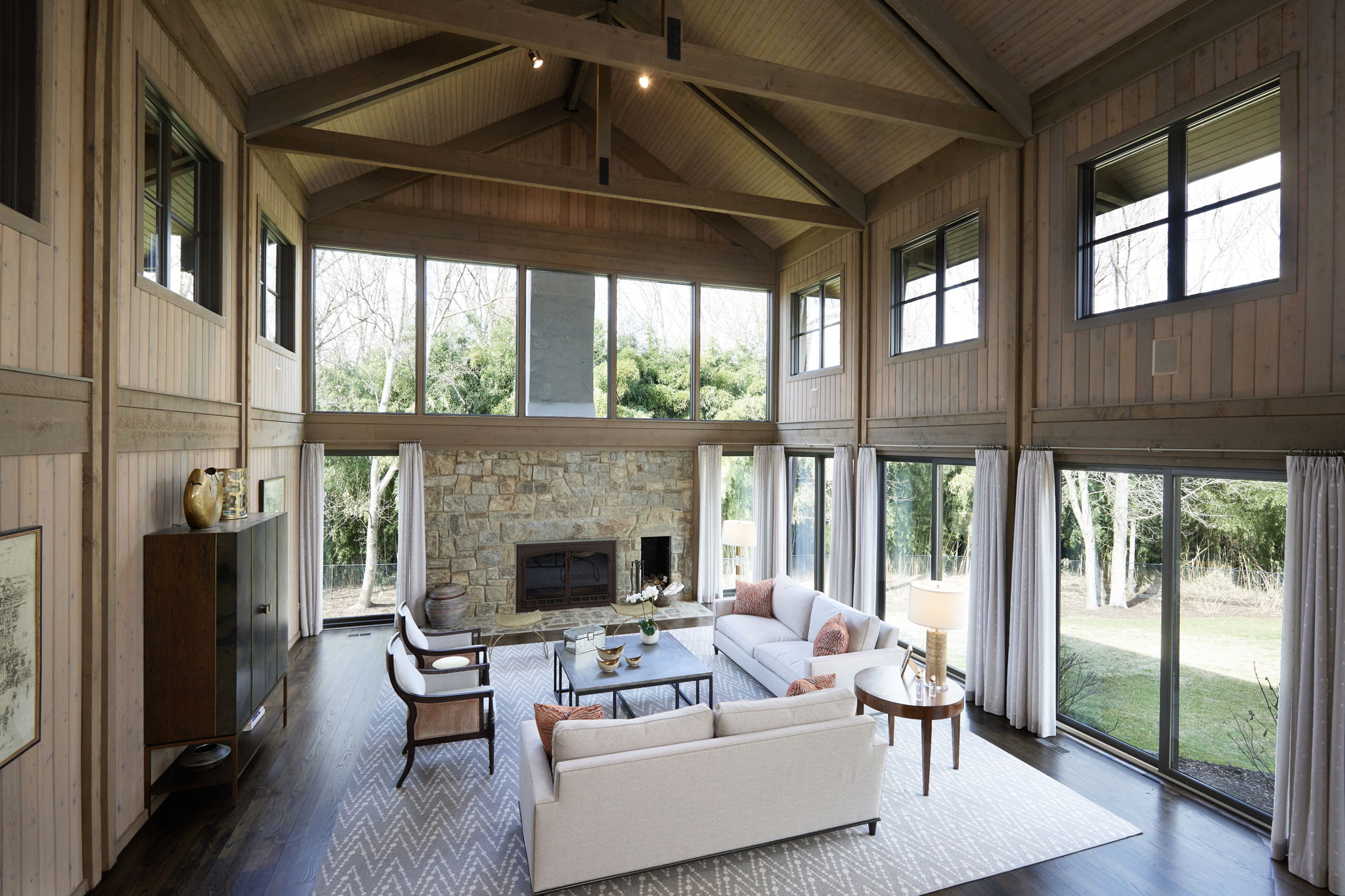 Soaring Beamed Ceiling and Wood-Burning Fireplace