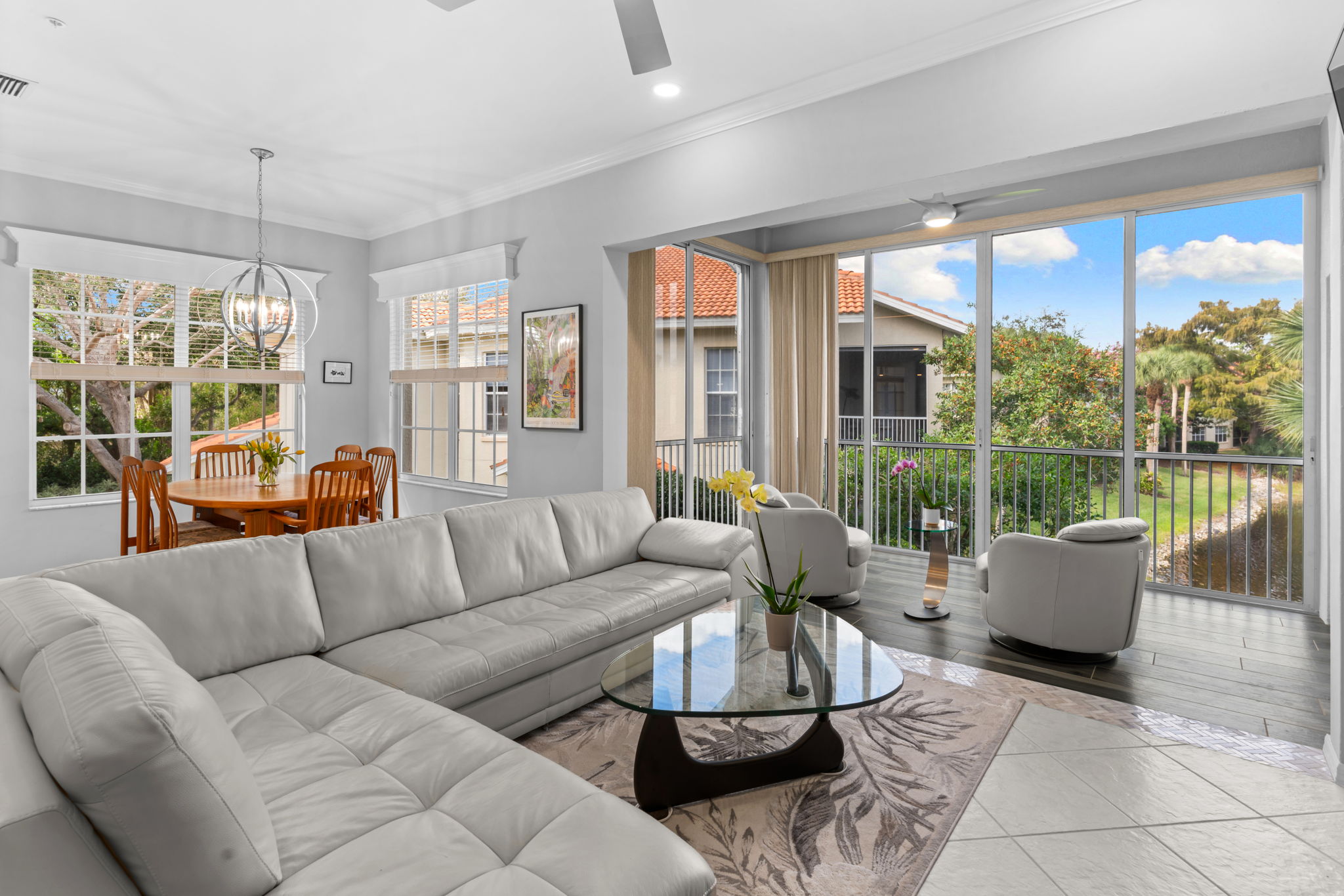 Walls of windows create a light, airy atmosphere