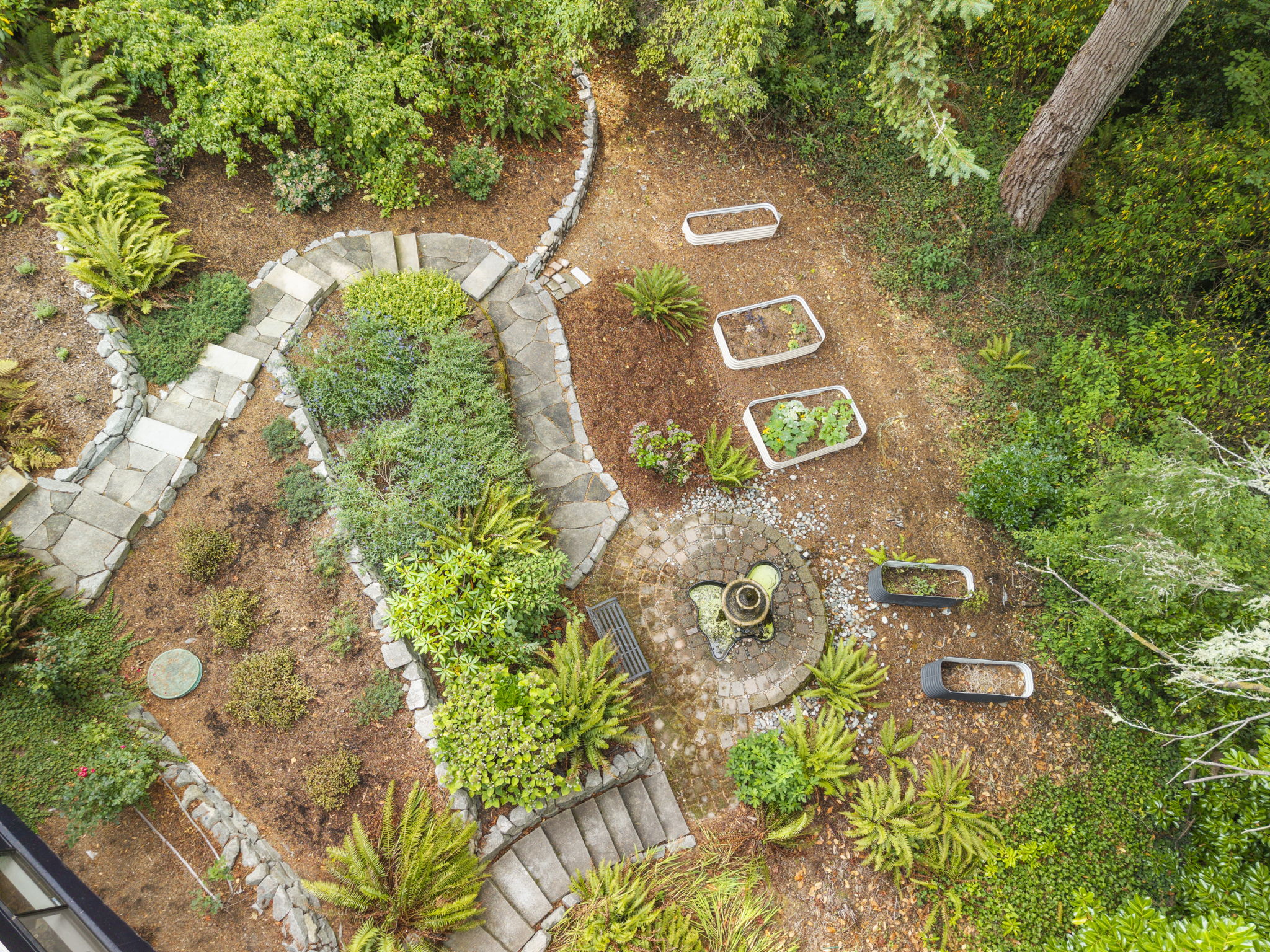 Aerial view showcasing beautifully arranged garden beds